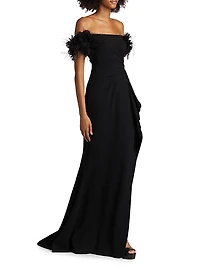 Feather-Embellished Crepe Off-The-Shoulder Gown
