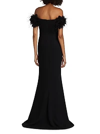 Feather-Embellished Crepe Off-The-Shoulder Gown