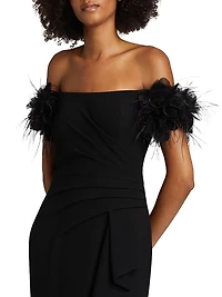 Feather-Embellished Crepe Off-The-Shoulder Gown