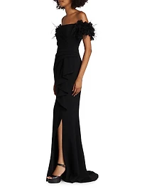 Feather-Embellished Crepe Off-The-Shoulder Gown