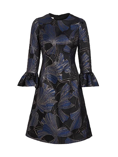 Metallic Jacquard Bell-Sleeve Cocktail Dress