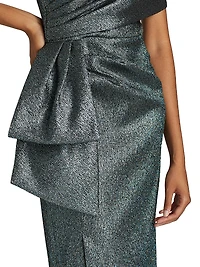 Metallic Gathered Off-The-Shoulder Gown