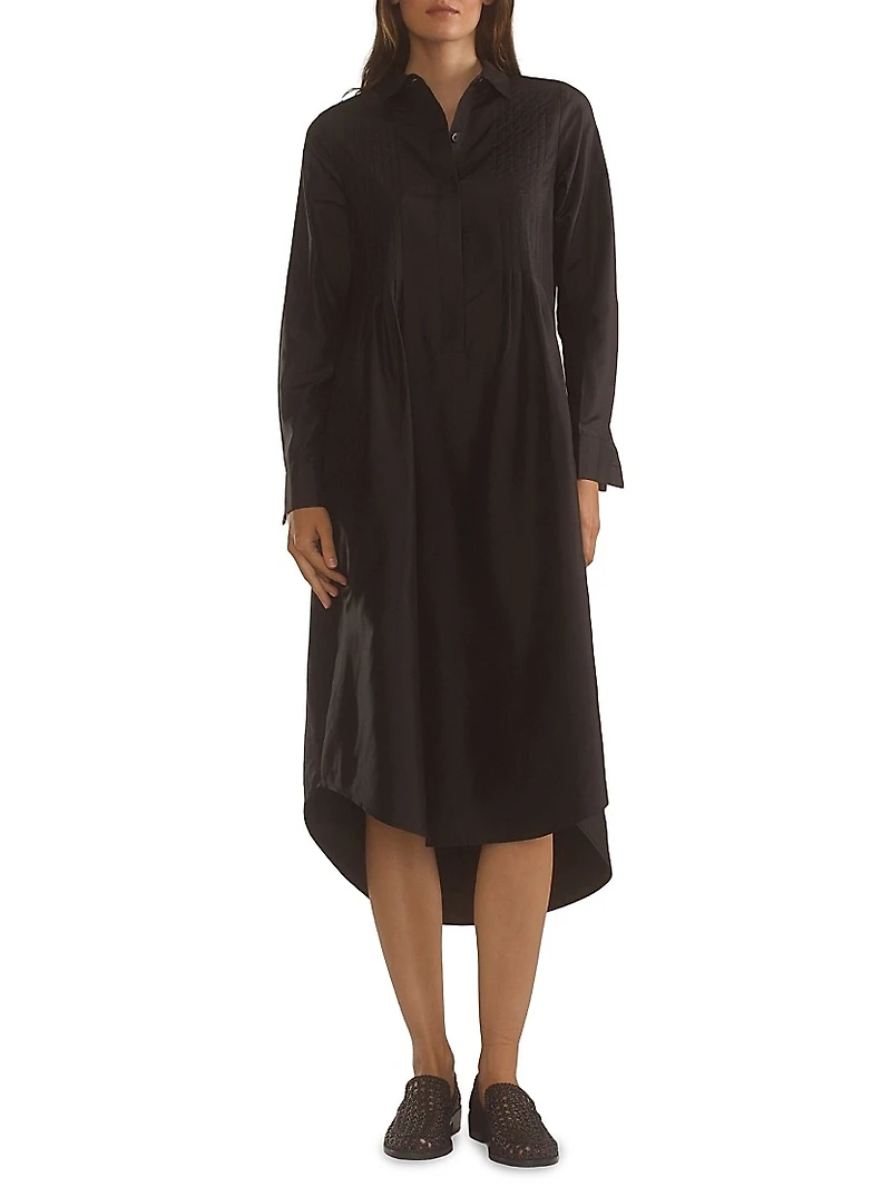 Silk Taffeta Pintuck Shirt Midi-Dress
