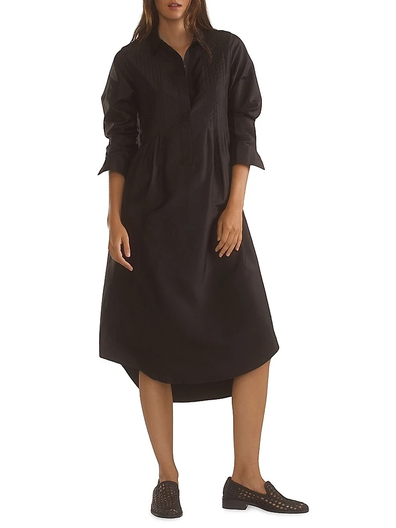 Silk Taffeta Pintuck Shirt Midi-Dress