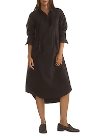 Silk Taffeta Pintuck Shirt Midi-Dress