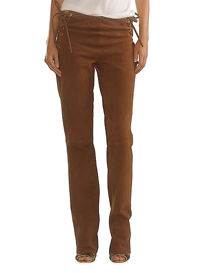 Suede Lace-Up Straight-Leg Pants