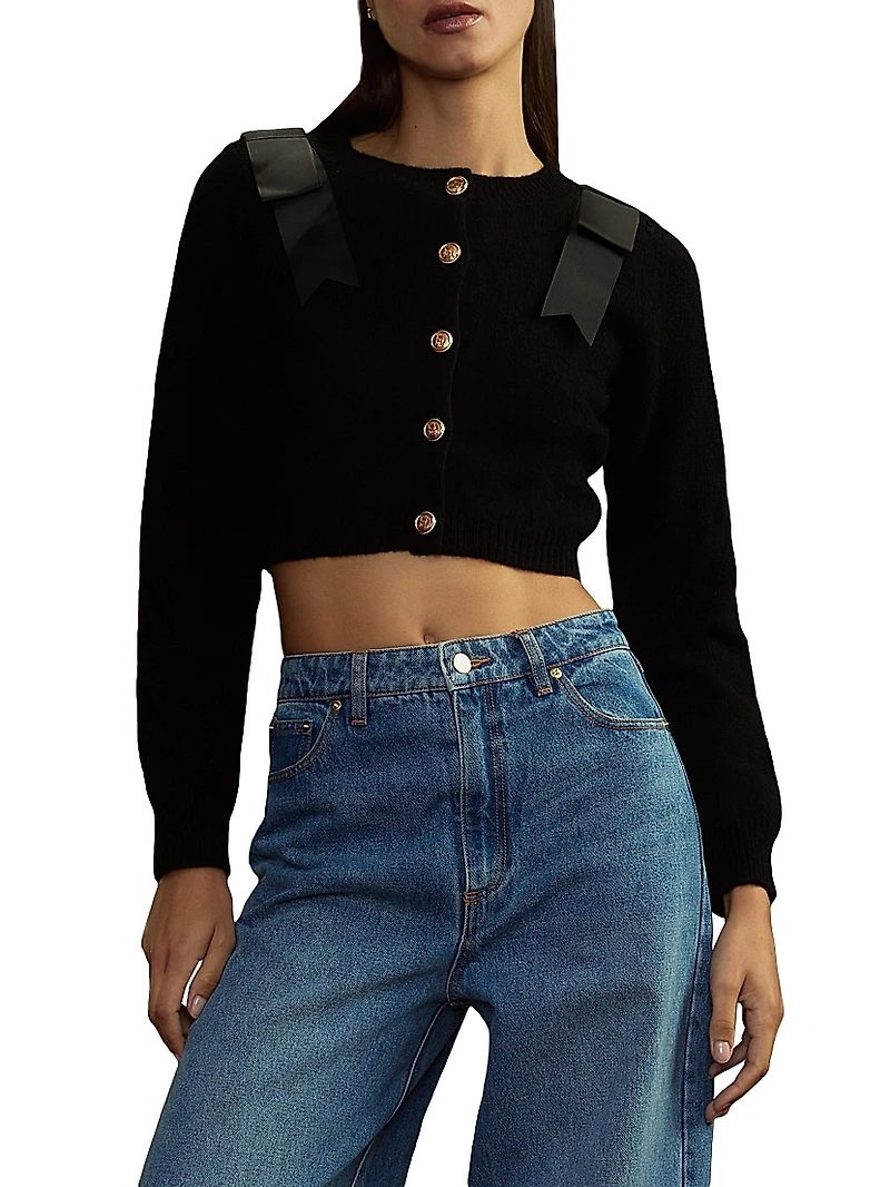 Wool Bow Cropped Crewneck Cardigan