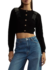 Wool Bow Cropped Crewneck Cardigan