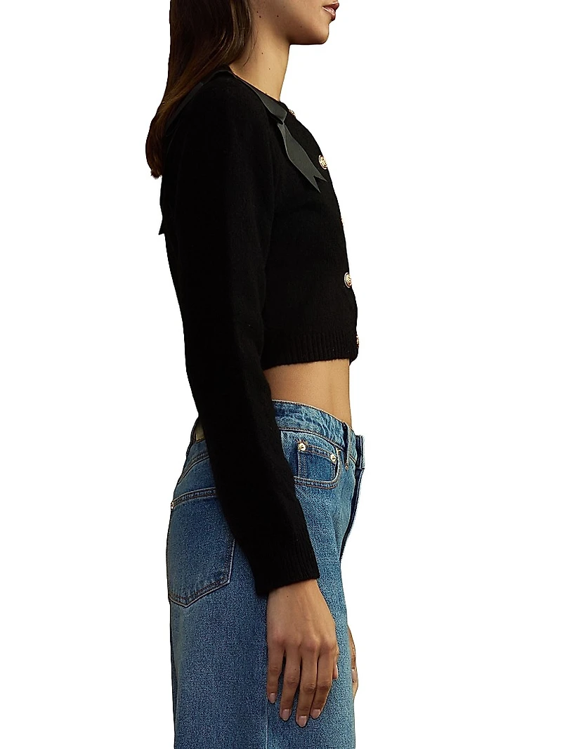 Wool Bow Cropped Crewneck Cardigan