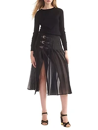 Buckle Pleated Organza Midi-Skirt