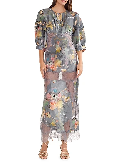 Floral Metallic Silk Maxi Dress
