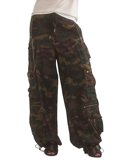 Camouflage Wide-Leg Nylon Cargo Pants