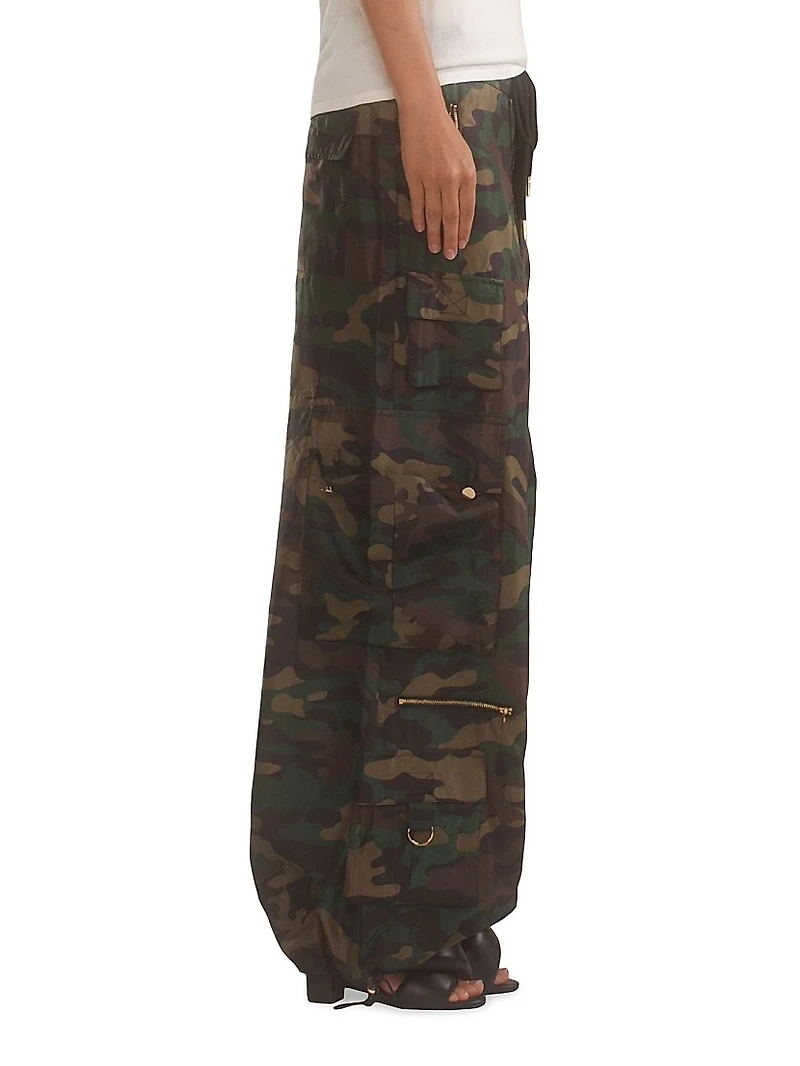 Camouflage Wide-Leg Nylon Cargo Pants