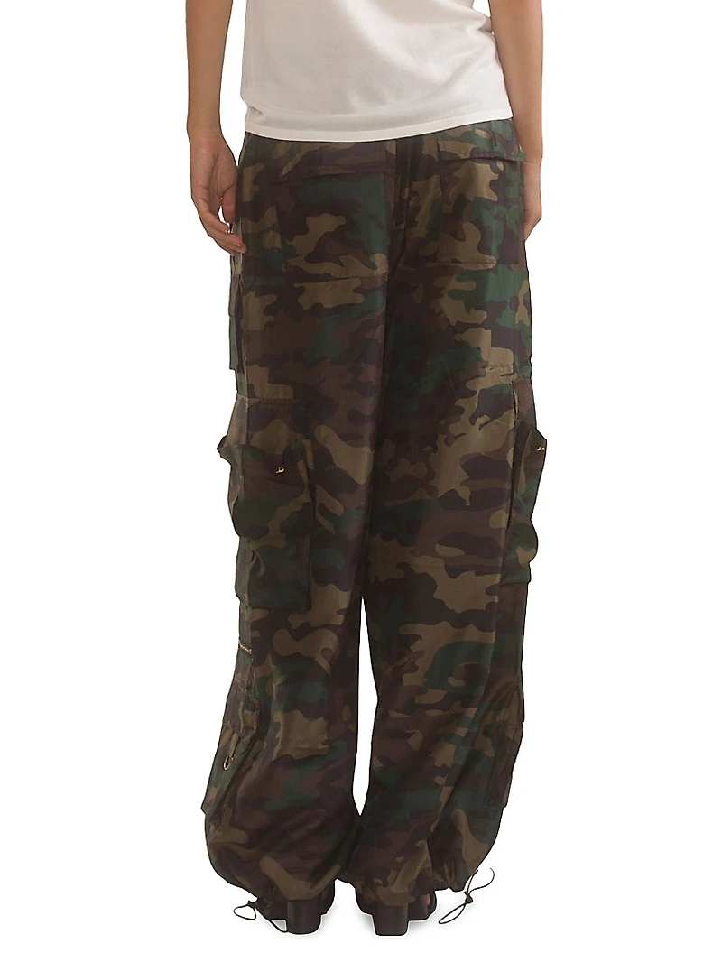 Camouflage Wide-Leg Nylon Cargo Pants