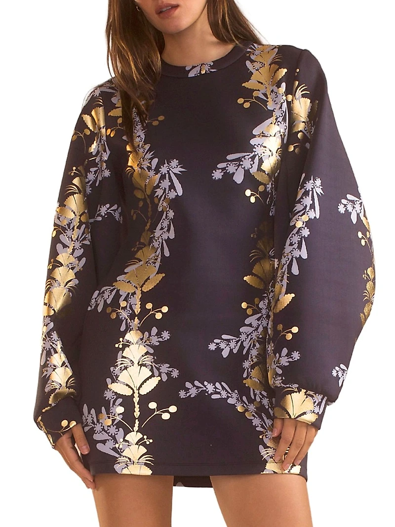 Metallic Floral Balloon-Sleeve Minidress