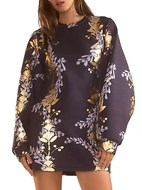 Metallic Floral Balloon-Sleeve Minidress