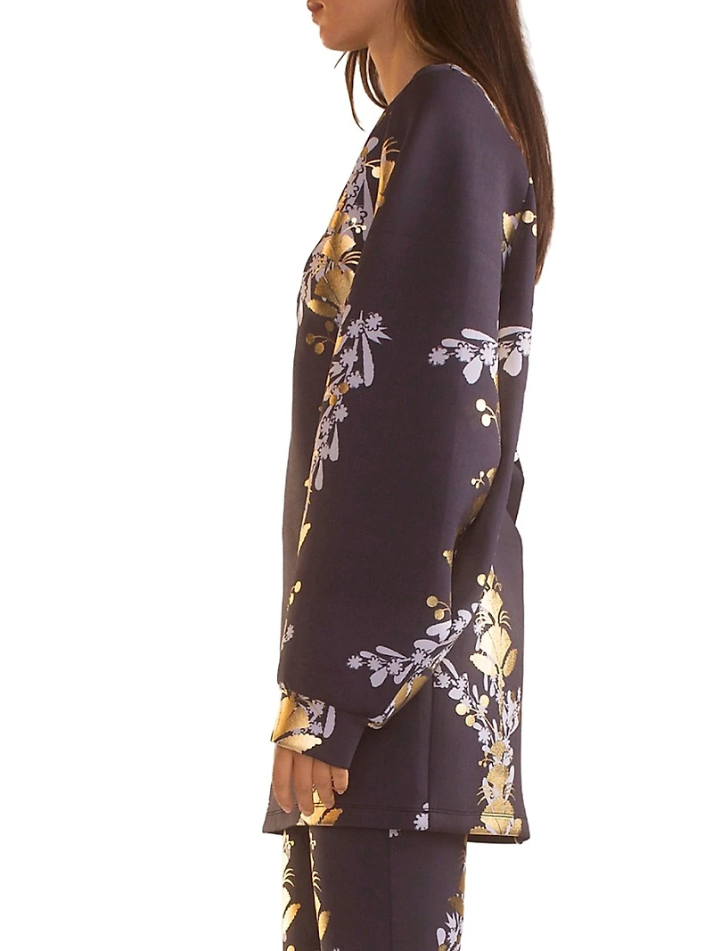 Metallic Floral Balloon-Sleeve Minidress