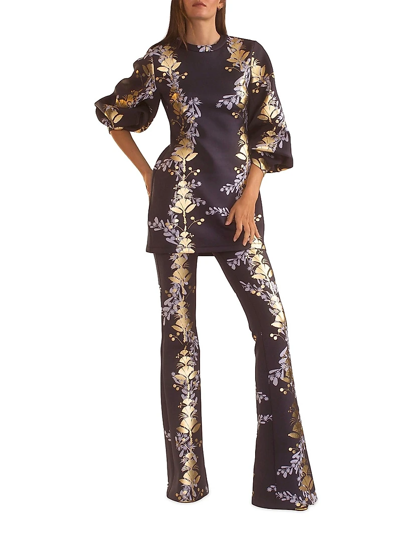 Metallic Floral Balloon-Sleeve Minidress