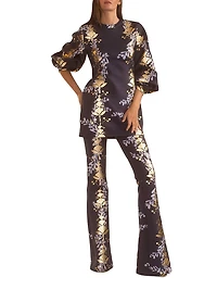 Metallic Floral Balloon-Sleeve Minidress