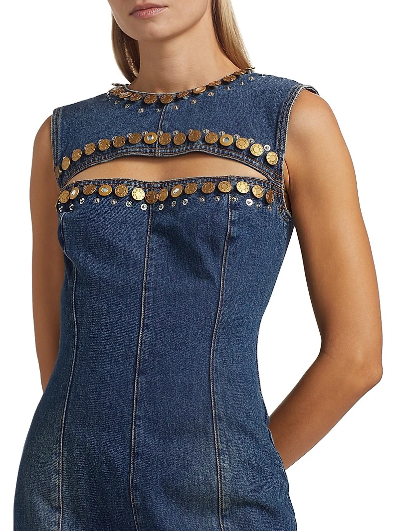 Embellished Cut-Out Denim Sleeveless Minidress