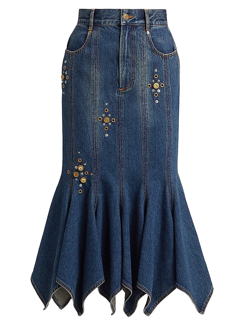 Embellished Denim Handkerchief-Hem Trumpet Midi-Skirt