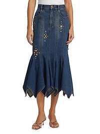 Embellished Denim Handkerchief-Hem Trumpet Midi-Skirt