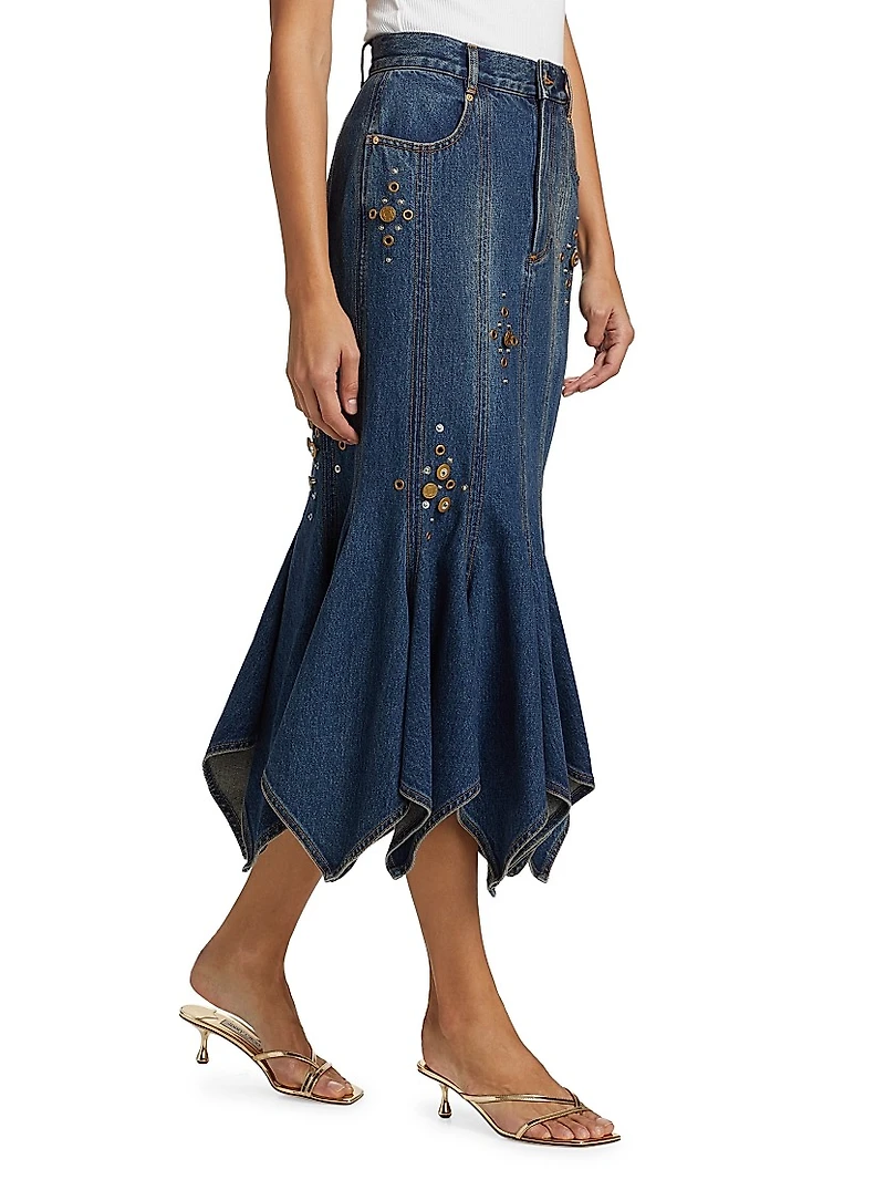 Embellished Denim Handkerchief-Hem Trumpet Midi-Skirt