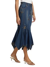 Embellished Denim Handkerchief-Hem Trumpet Midi-Skirt