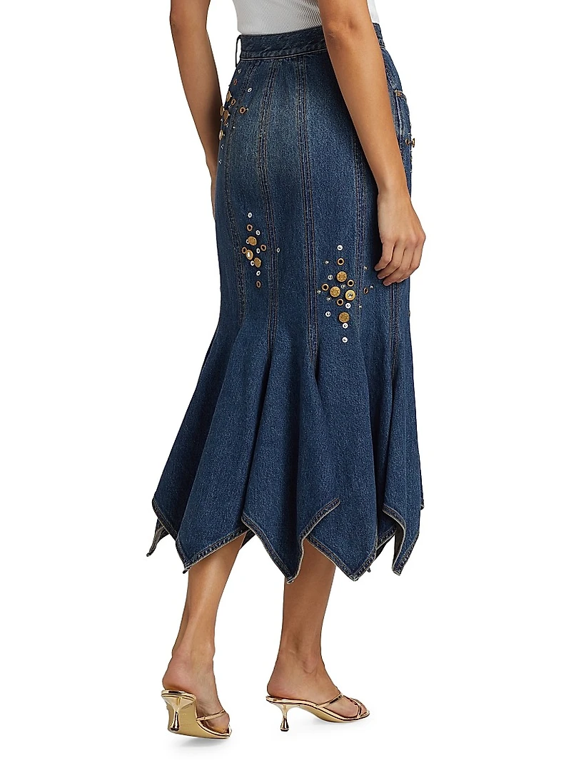 Embellished Denim Handkerchief-Hem Trumpet Midi-Skirt