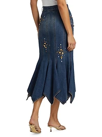 Embellished Denim Handkerchief-Hem Trumpet Midi-Skirt