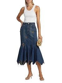 Embellished Denim Handkerchief-Hem Trumpet Midi-Skirt