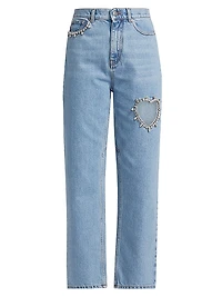 Crystal Heart Mid-Rise Straight Jeans