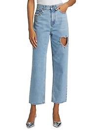 Crystal Heart Mid-Rise Straight Jeans