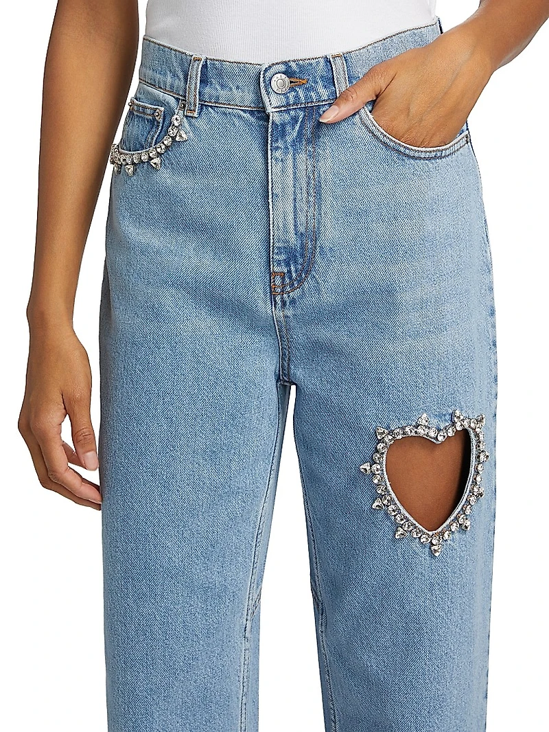 Crystal Heart Mid-Rise Straight Jeans