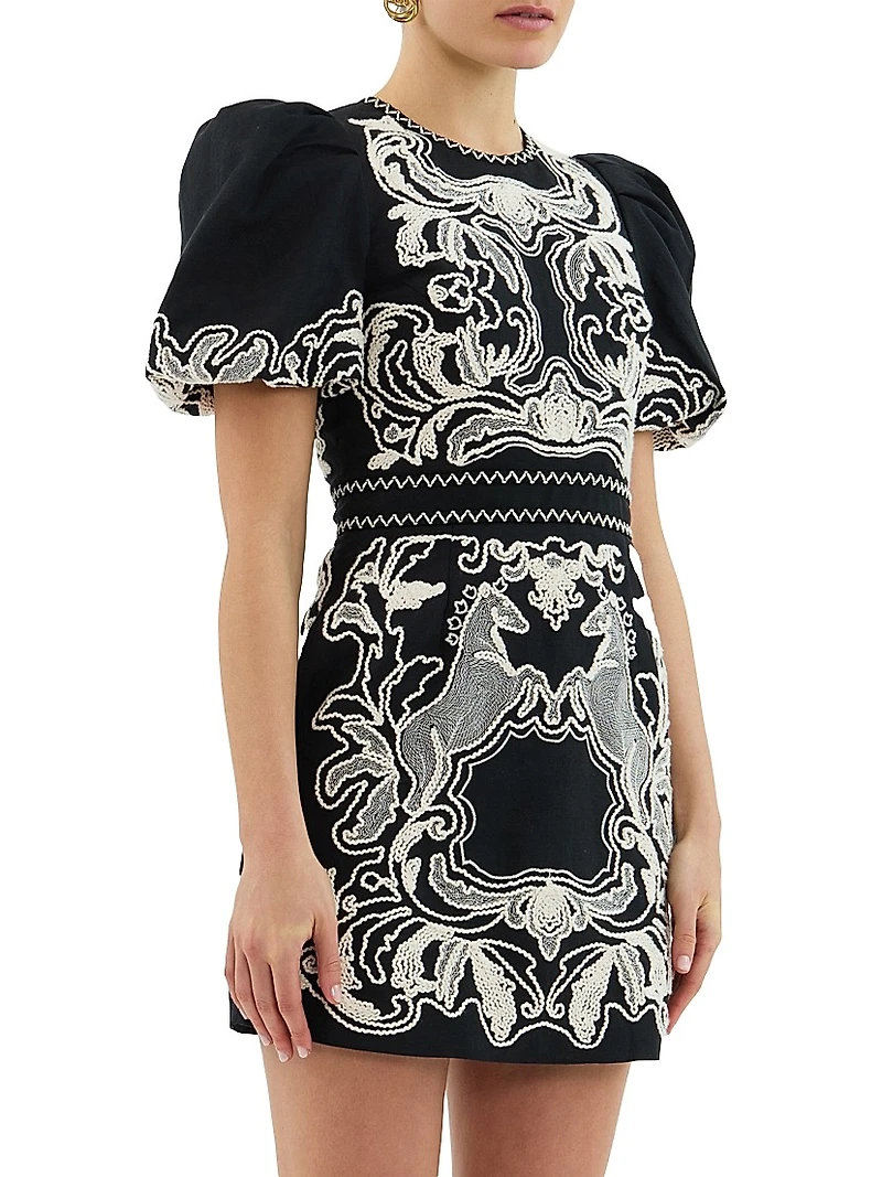 Azera Puff-Sleeve Embroidered Minidress