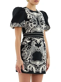 Azera Puff-Sleeve Embroidered Minidress