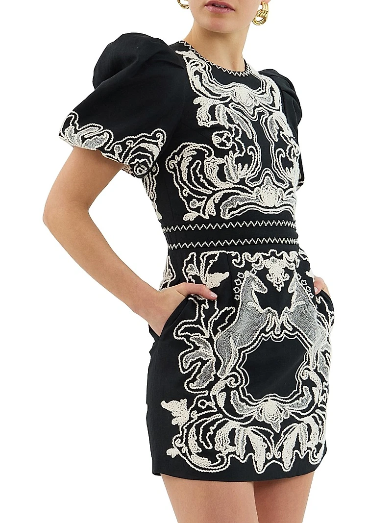 Azera Puff-Sleeve Embroidered Minidress