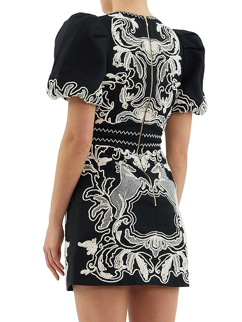 Azera Puff-Sleeve Embroidered Minidress