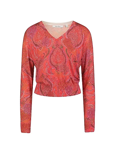 Evelyn Paisley Cotton-Silk V-Neck Sweater