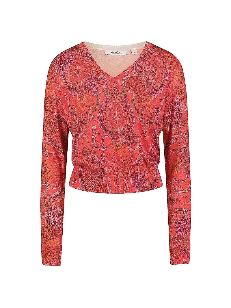 Evelyn Paisley Cotton-Silk V-Neck Sweater