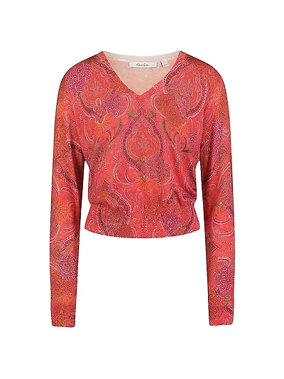Evelyn Paisley Cotton-Silk V-Neck Sweater