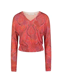 Evelyn Paisley Cotton-Silk V-Neck Sweater