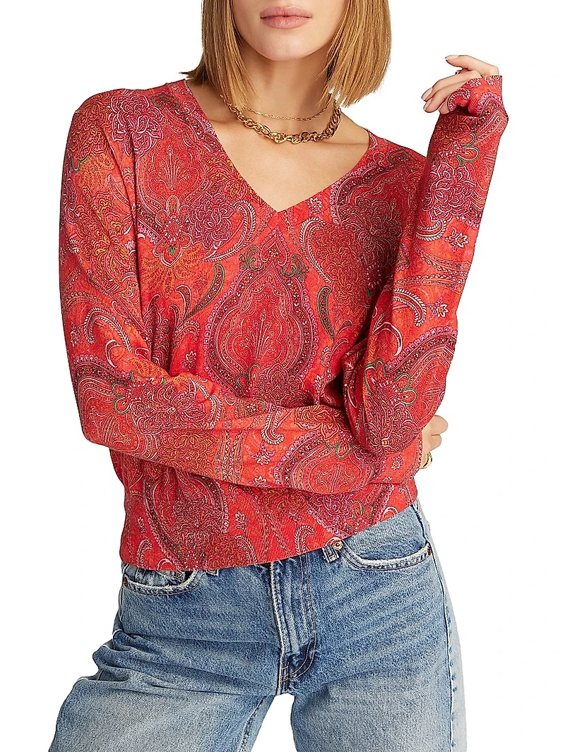 Evelyn Paisley Cotton-Silk V-Neck Sweater