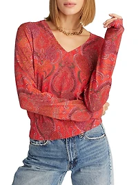 Evelyn Paisley Cotton-Silk V-Neck Sweater