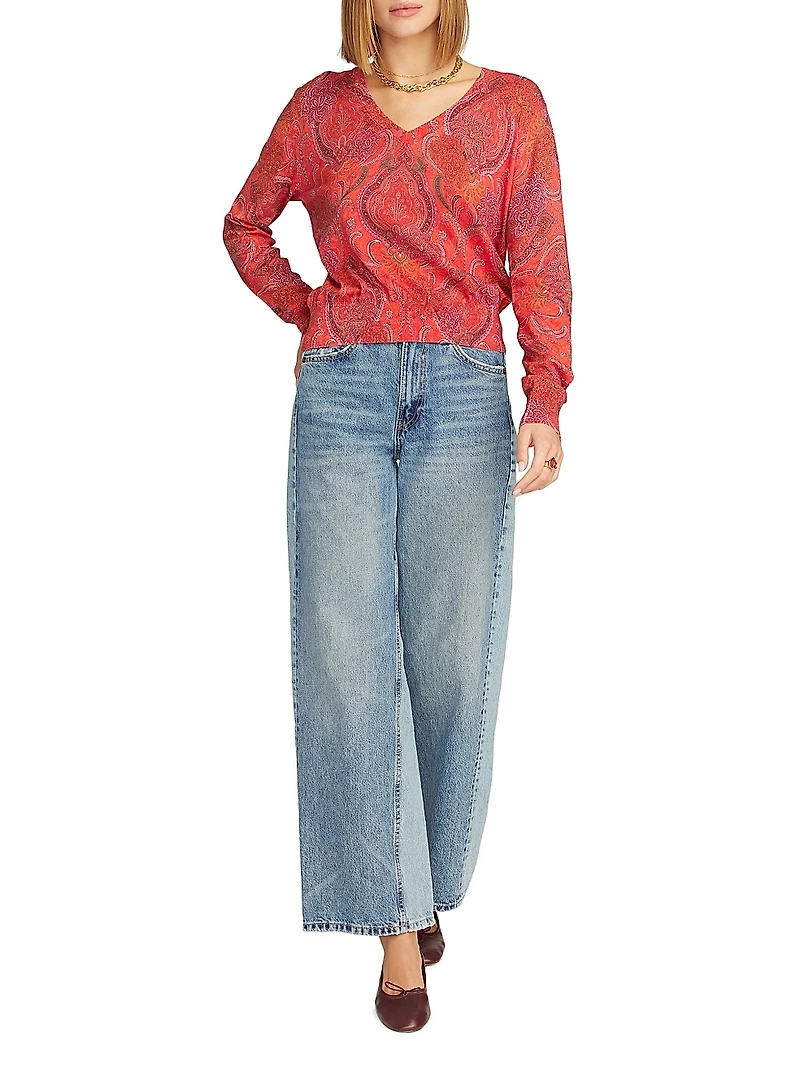 Evelyn Paisley Cotton-Silk V-Neck Sweater