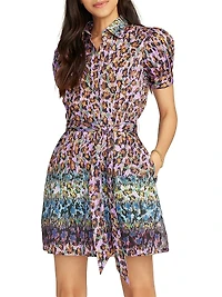 Carolina Leopard Cotton Short-Sleeve Mini-Shirtdress