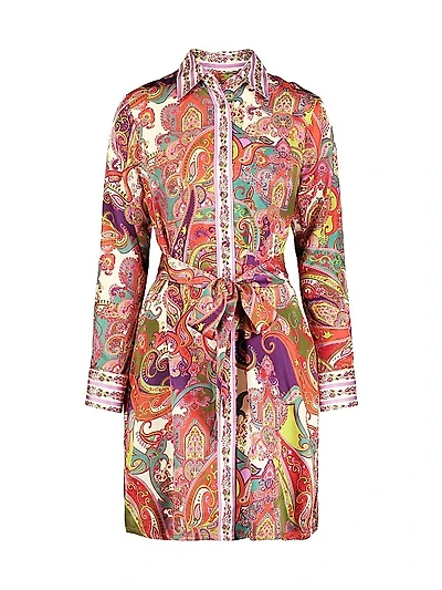 Charlotte Paisley Long-Sleeve Mini-Shirtdress