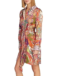 Charlotte Paisley Long-Sleeve Mini-Shirtdress