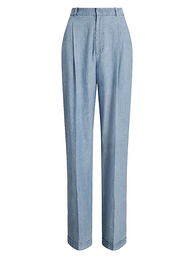 Cotton Chambray Wide-Leg Pants