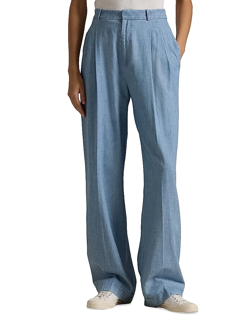 Cotton Chambray Wide-Leg Pants